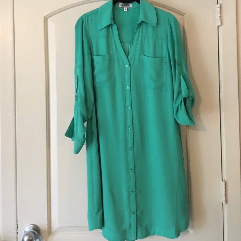 Collared Button-Front Green Shirt Dress with Tie Belt - Picture 3 of 5